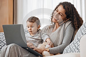 Laptop, baby or mom on a phone call to relax in home sofa in conversation or communication. Smile, multitasking or happy