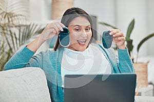 Laptop, baby shoes and video call with a pregnant woman showing infant footwear during virtual communication. Computer