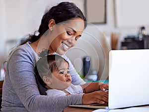 Laptop, baby and work from home mom typing, child care and planning business, job and family support or parent multitask