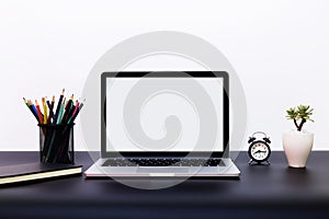 Laptop background, workspace with laptop computer, office supplies gadget at home or studio office. Desk space Mock up blank