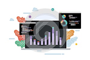 Laptop with bar chart and data. Business analytic concept
