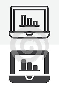 Laptop bar chart line and solid vector icon set