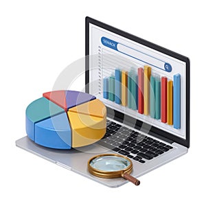 Data Analysis: Pie Chart, Bar Graph, Magnifying Glass on Laptop