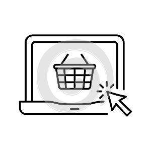 Laptop and Basket Ecommerce Concept Line Icon. Digital Market Service Shopping Cart in Device Linear Pictogram. Online