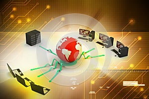 Laptop with big server and globe