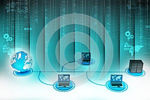 Laptop with big server and globe. 3D Image