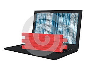 Laptop with binary code on screen and brick wall de