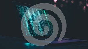 Laptop with binary codes on screen. By generative Ai