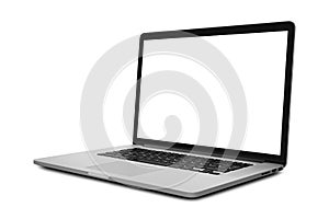 Laptop with blank screen in angled position isolated on white background