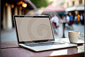 Laptop with blank screen and cup of coffee on table in cafe