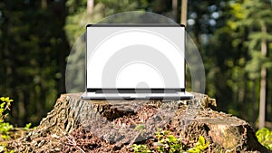 Laptop with blank screen in the forest. photo