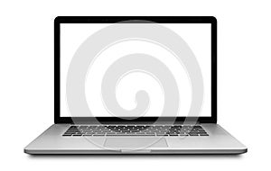 Laptop with blank screen front view position isolated on white background