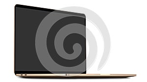 Laptop with blank screen isolated on white background, gold aluminium body.