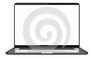 Laptop with blank screen isolated on white background, gold aluminium body. Whole in focus. High detailed.