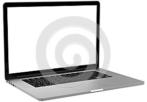 Laptop with blank screen isolated on white background, white aluminium body.