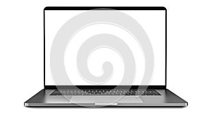 Laptop with blank screen isolated on white background, white aluminium body. photo