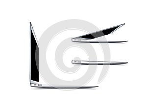 Laptop blank screen mockup, side view, 3d rendering