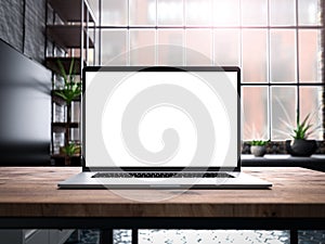 Laptop with blank screen mockup template on table in industrial old factory loft interior