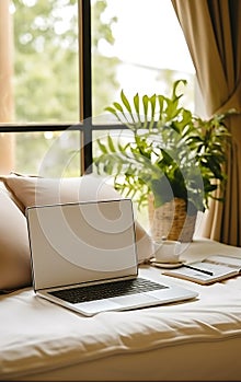 Laptop blank screen on a sofa by the window in a cozy home