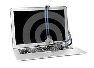 Laptop with blank screen and stethoscope on white. Computer repair