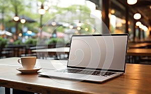 Laptop blank screen on table in cafe, remote work or freelancing concept