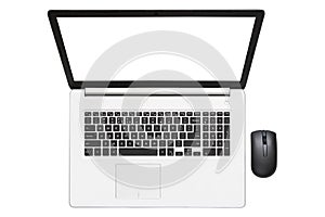 Laptop with blank screen and wireless computer mouse