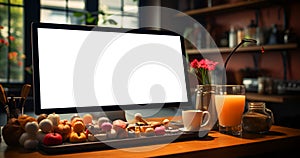 Laptop with blank screen on wooden table in office and cafe