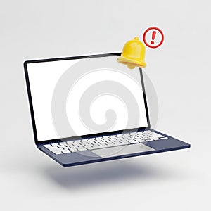 Laptop with Blank White Screen and Notification Bell Icon on White Background computer technology