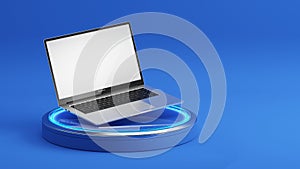 Laptop with blank white screen on a podium. Blue background. Laptop blank screen mockup