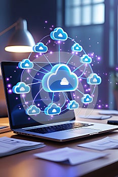 Laptop with Blue Cloud Network Visualization and Glowing Particles computer technology