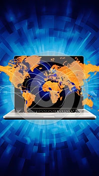 Laptop on blue with world map suggests global connectivity and data accessibility.