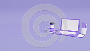 Laptop with book and coffee 3d illustration