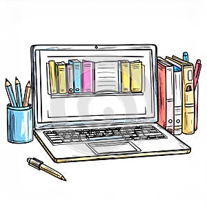 Laptop with Books and Pencils on a Desk