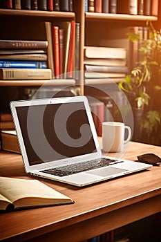 laptop with books with shelfs on background. online education and e-book concept