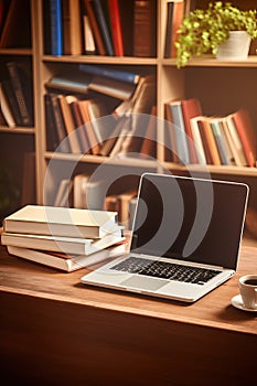 laptop with books with shelfs on background. online education and e-book concept
