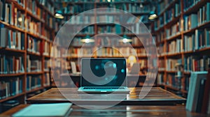 Laptop and books on the table in library, learning or education concept