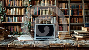 Laptop and books on the table in library, learning or education concept