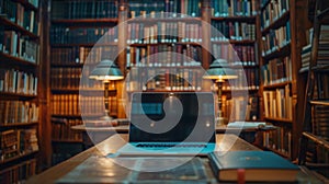 Laptop and books on the table in library, learning or education concept