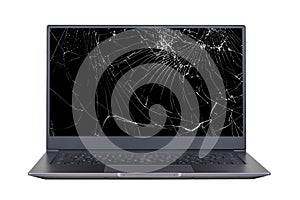 Laptop with a broken, cracked screen isolated on white background close up front view.