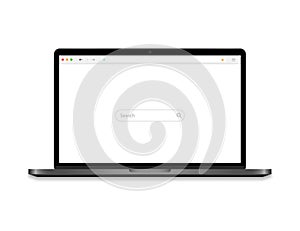 Laptop with browser on screen. Computer icon with search bar and magnifier. Notebook mockup with web interface. Desktop