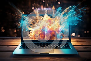 Laptop bursting with an explosion of vibrant colours photo