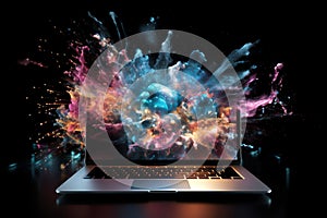 Laptop bursting with an explosion of vibrant colours photo
