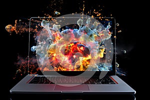 Laptop bursting with an explosion of vibrant technicolour colours photo