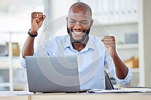 Laptop, business and celebration of black man, winner and success in office. Computer, excited and African person