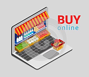 Laptop buy online grocery shopping e-commerce flat 3d isometric