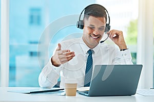 Laptop, call center and business man telemarketing, support and help desk in office. Computer, customer service and