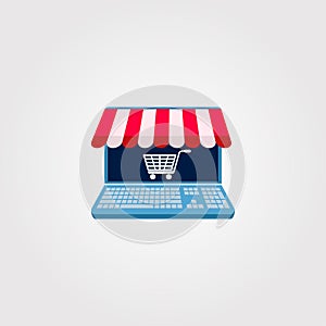 Laptop and cart combination vector logo design, online shop icon, illustration element