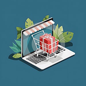 Laptop with cart and gift box icon, online shopping concept