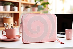 Laptop case mockup. Pink soft modern interior, AI Generated