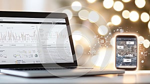 A laptop and a cell phone are displayed on a table